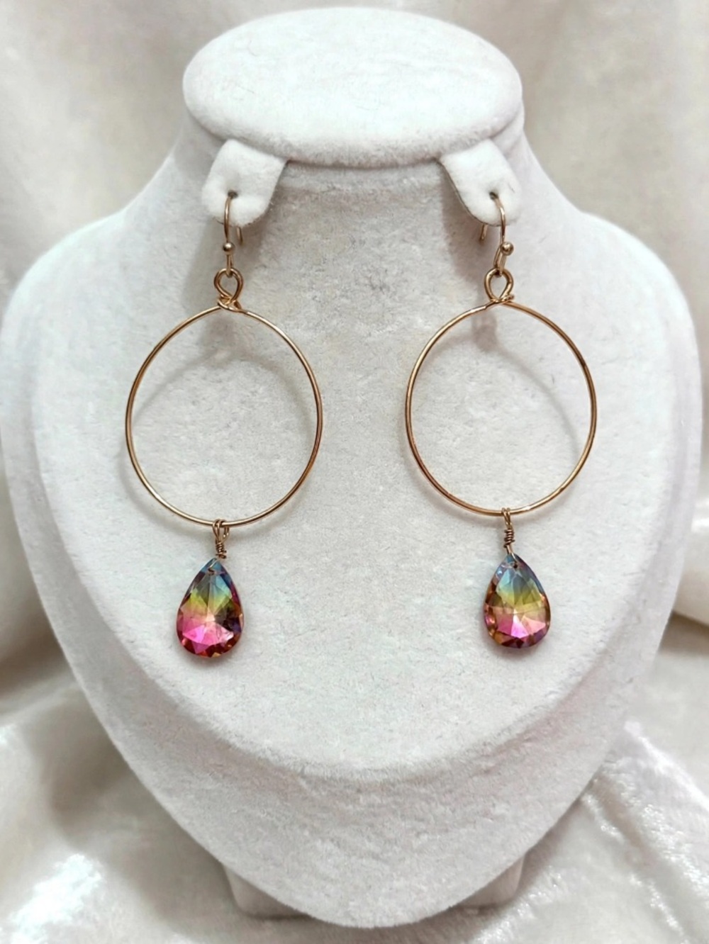 Gold Hoop Earrings with Rainbow Teardrop Crystal Iridescent Statement Hoops